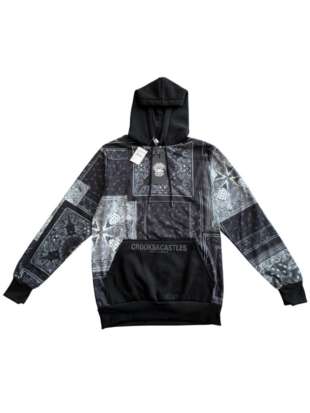 CROOKS & CASTLES Mens B/W Paisley Bandana Print Pullover Hooded Sweatshirt, Sz M